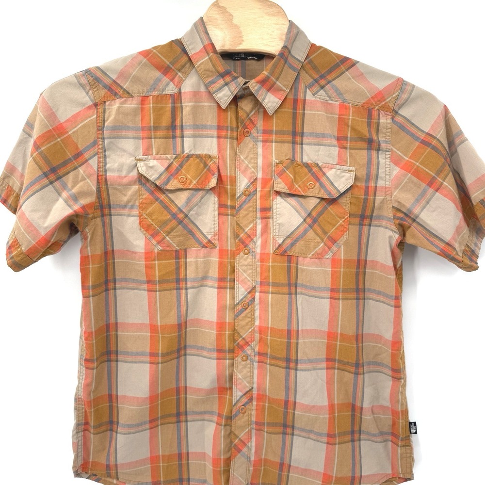 The North Face Button Down Shirt Mens L Orange Plaid Short Sleeve Western Hike